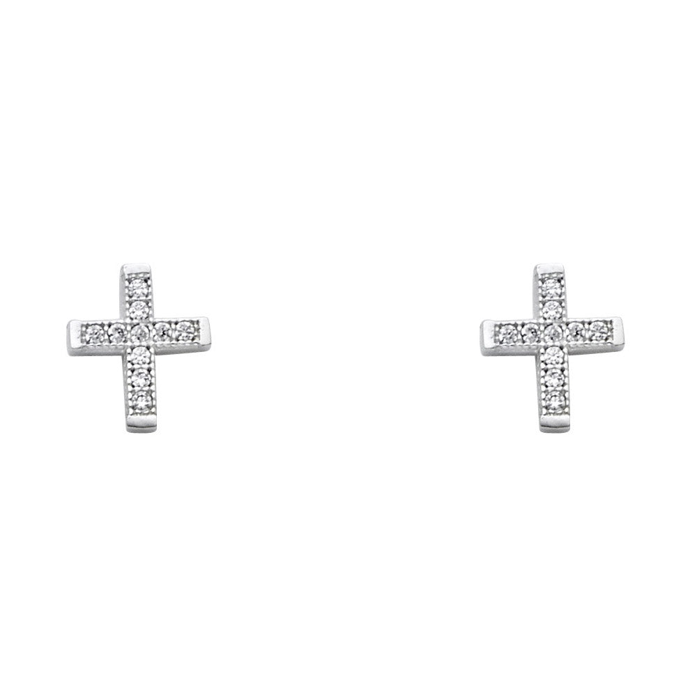 14k solid gold petite cross cz earrings