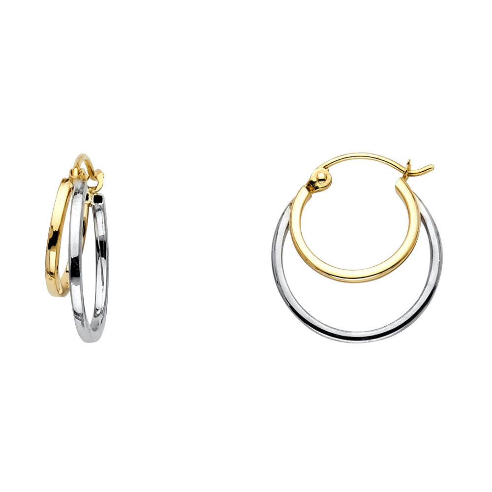 Pendientes de aro dobles de dos tonos de oro macizo de 14 k