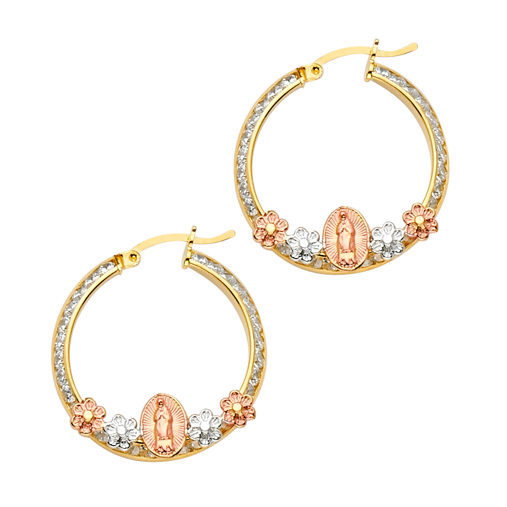 14k solid gold 3 color virgencita cz hoop earrings
