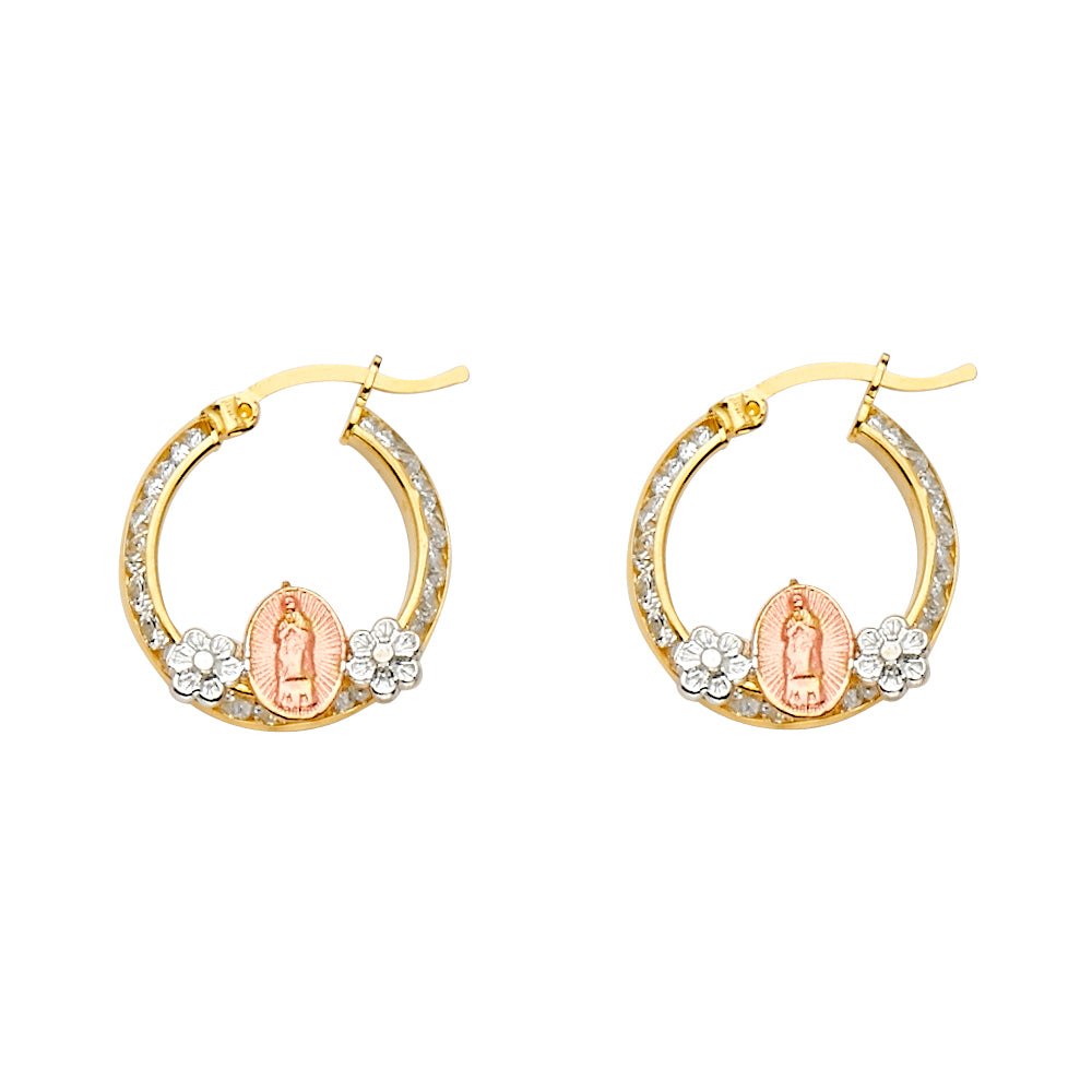 14k solid gold 3 color virgencita cz hoop earrings