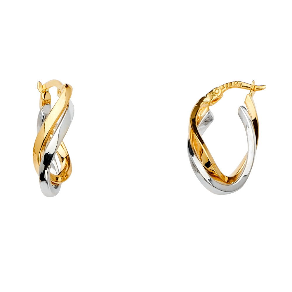 14k solid gold two tone twisted hoop earrings