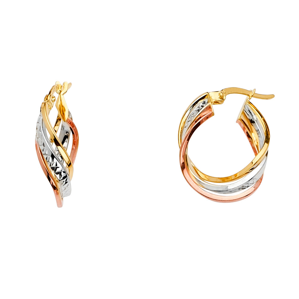 14k solid gold tri color 3 line twisted hoop earrings