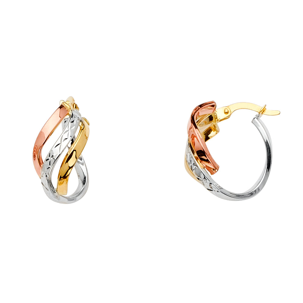 14k solid gold three color 3 line twisted hoop earrings