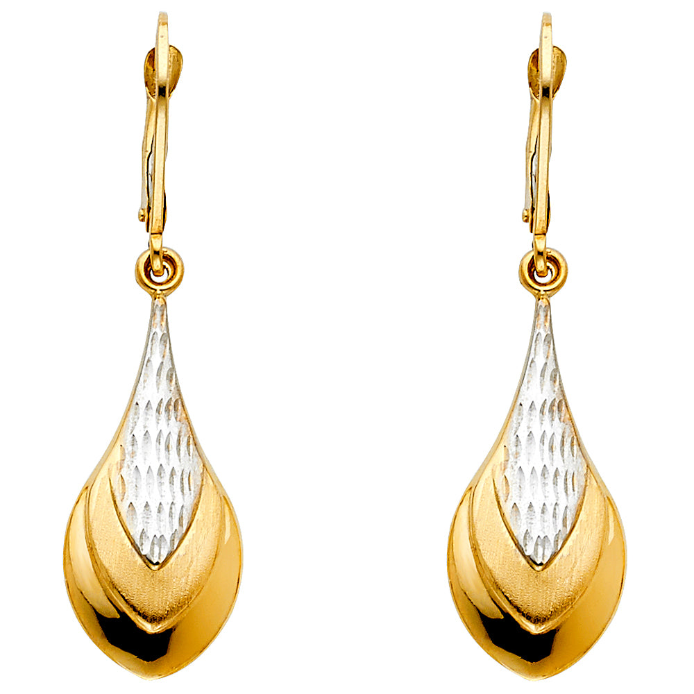 14k solid gold two tone teardrop dangling earrings
