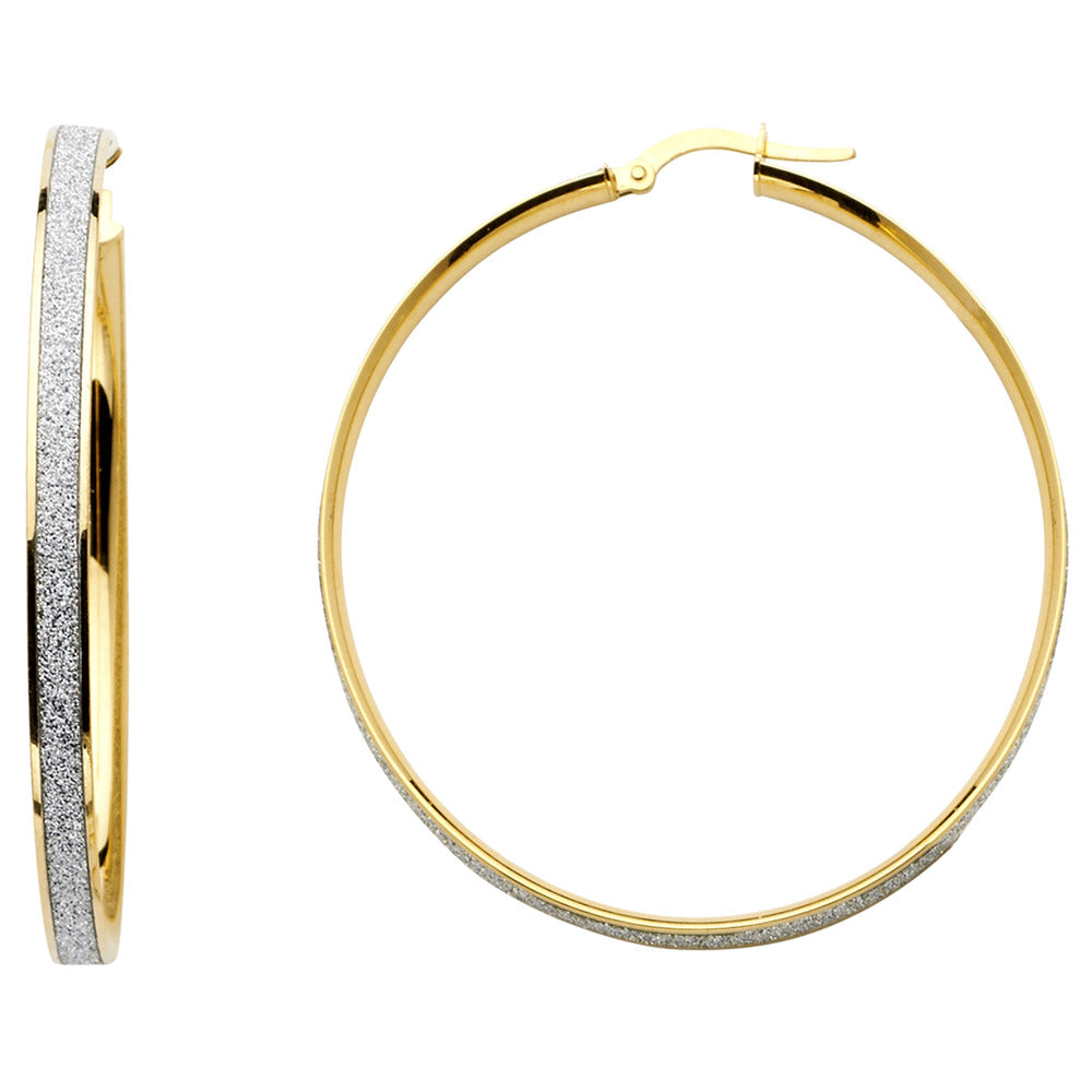 14k Solid Gold Two Tone Glitter Round Hoop Earrings