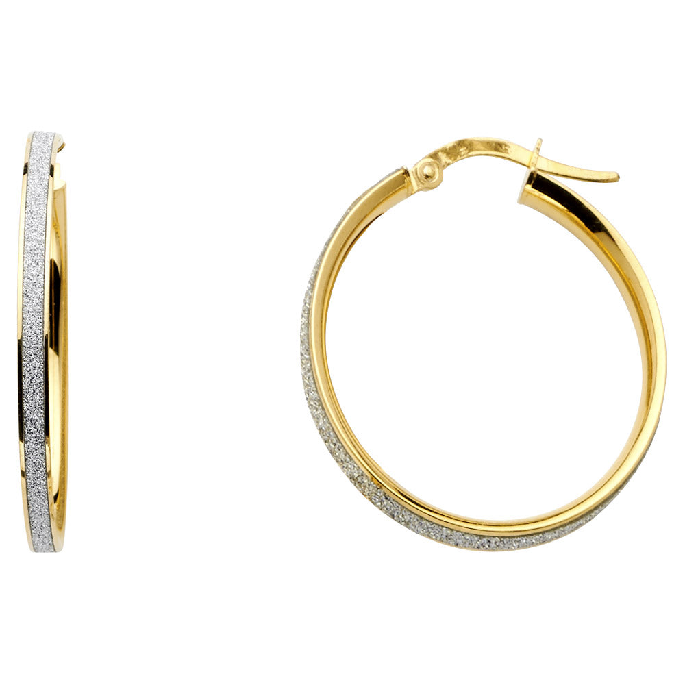 14k Solid Gold Two Tone Glitter Round Hoop Earrings