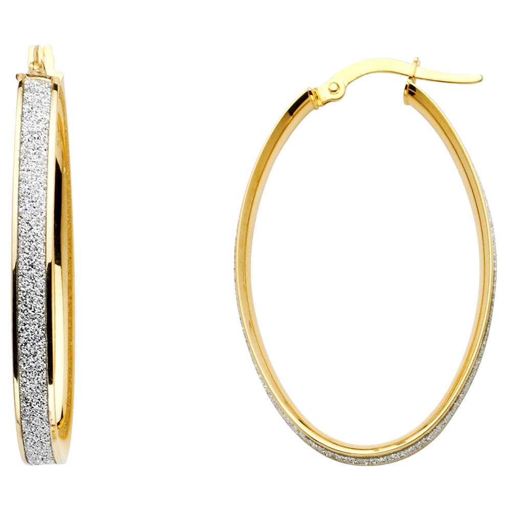 14k solid gold two tone glitter oval hoop earrings