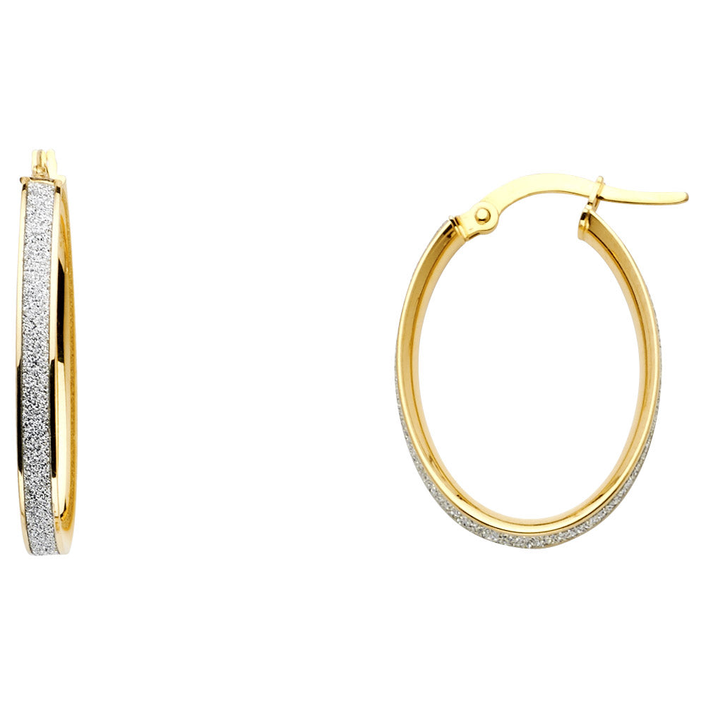 14k Solid Gold Two Tone Glitter Oval Hoop Earrings