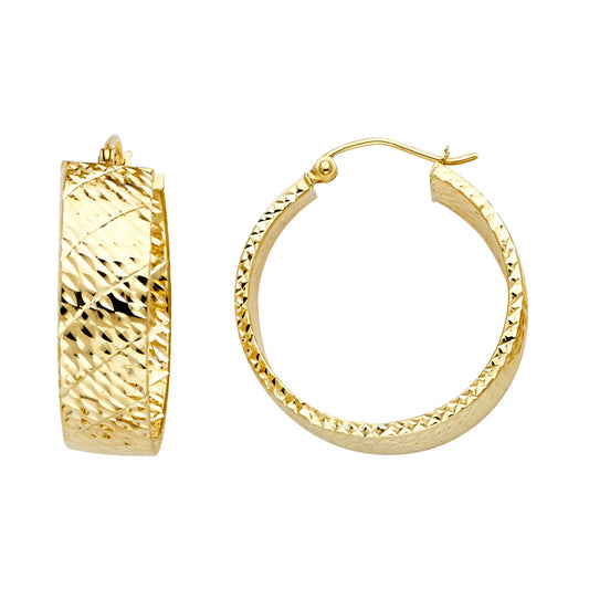 Pendientes de aro anchos huecos con talla de diamante de oro macizo de 14 quilates, 2,5 mm