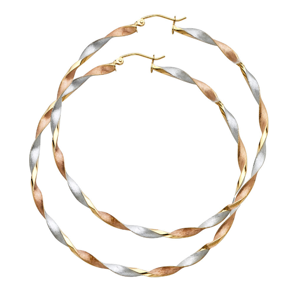 14k Solid Gold Tri Color Twisted Hoop Earrings