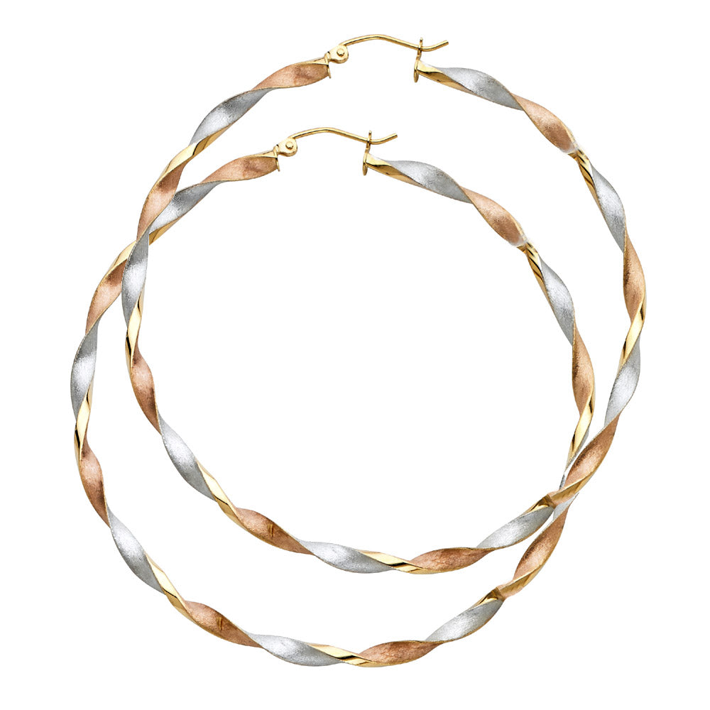 Aretes de aro trenzados de tres colores en oro macizo de 14 k
