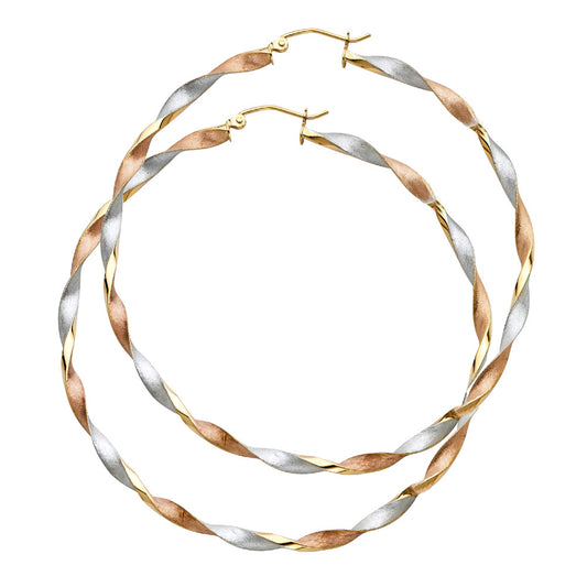 Aretes de aro trenzados de tres colores en oro macizo de 14 k