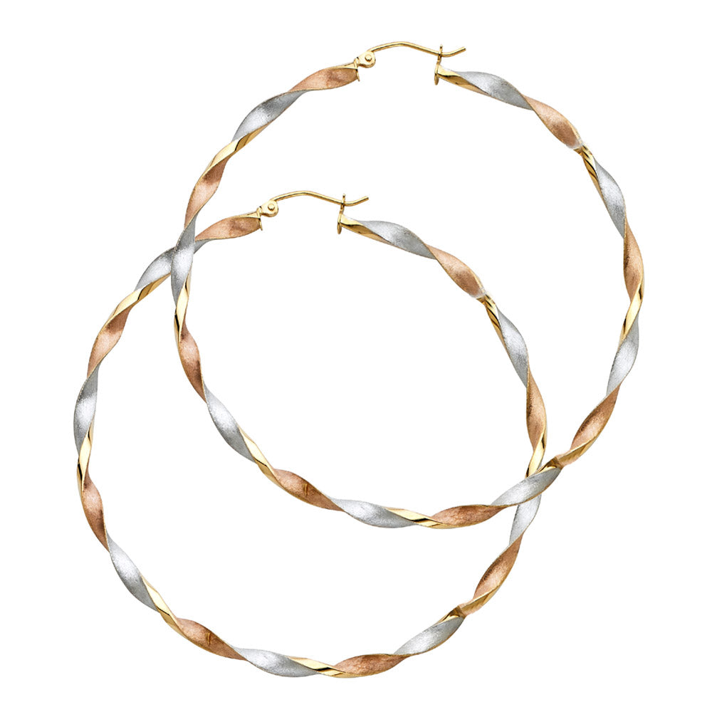 14k solid gold tri color twisted hoop earrings