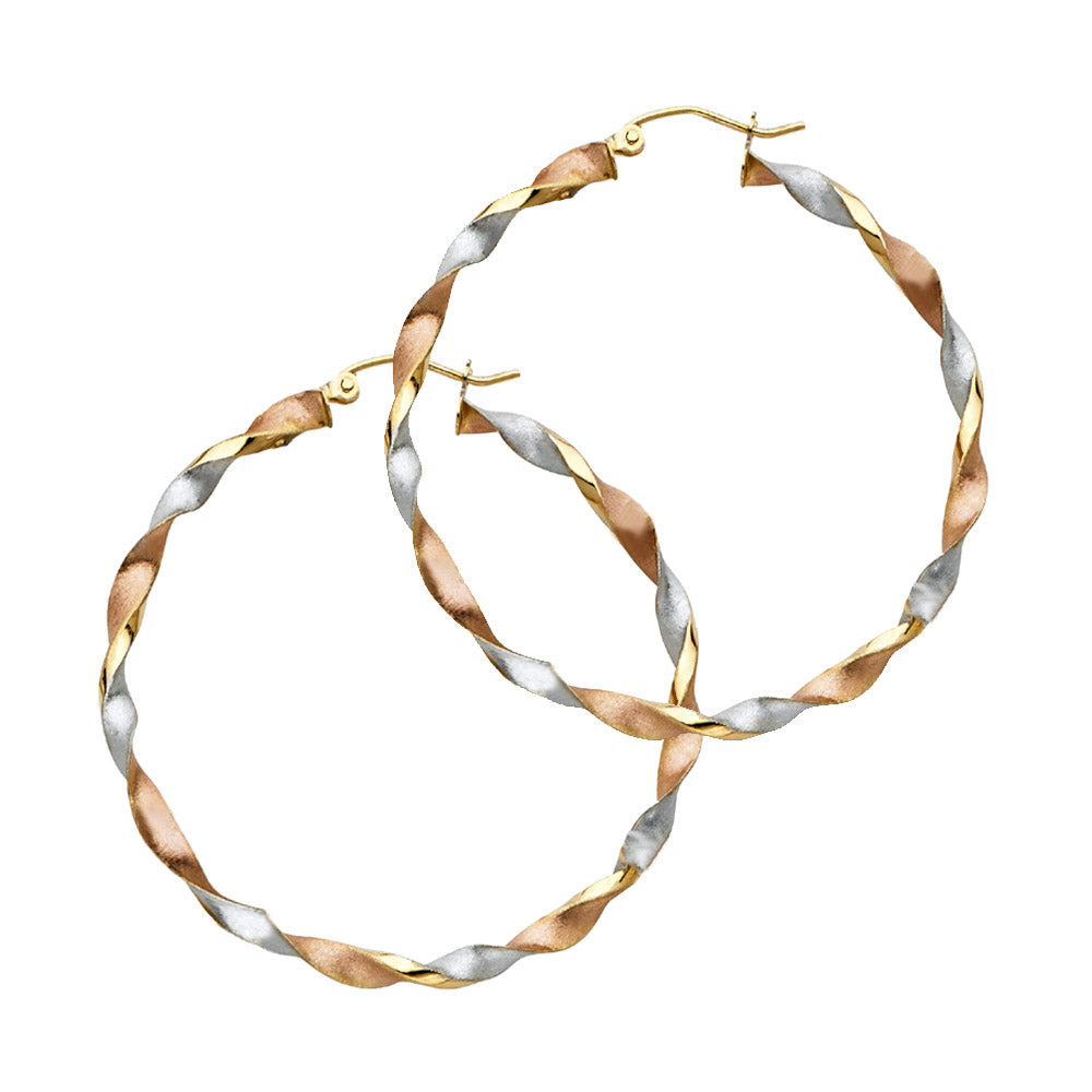 Aretes de aro trenzados de tres colores en oro macizo de 14 k