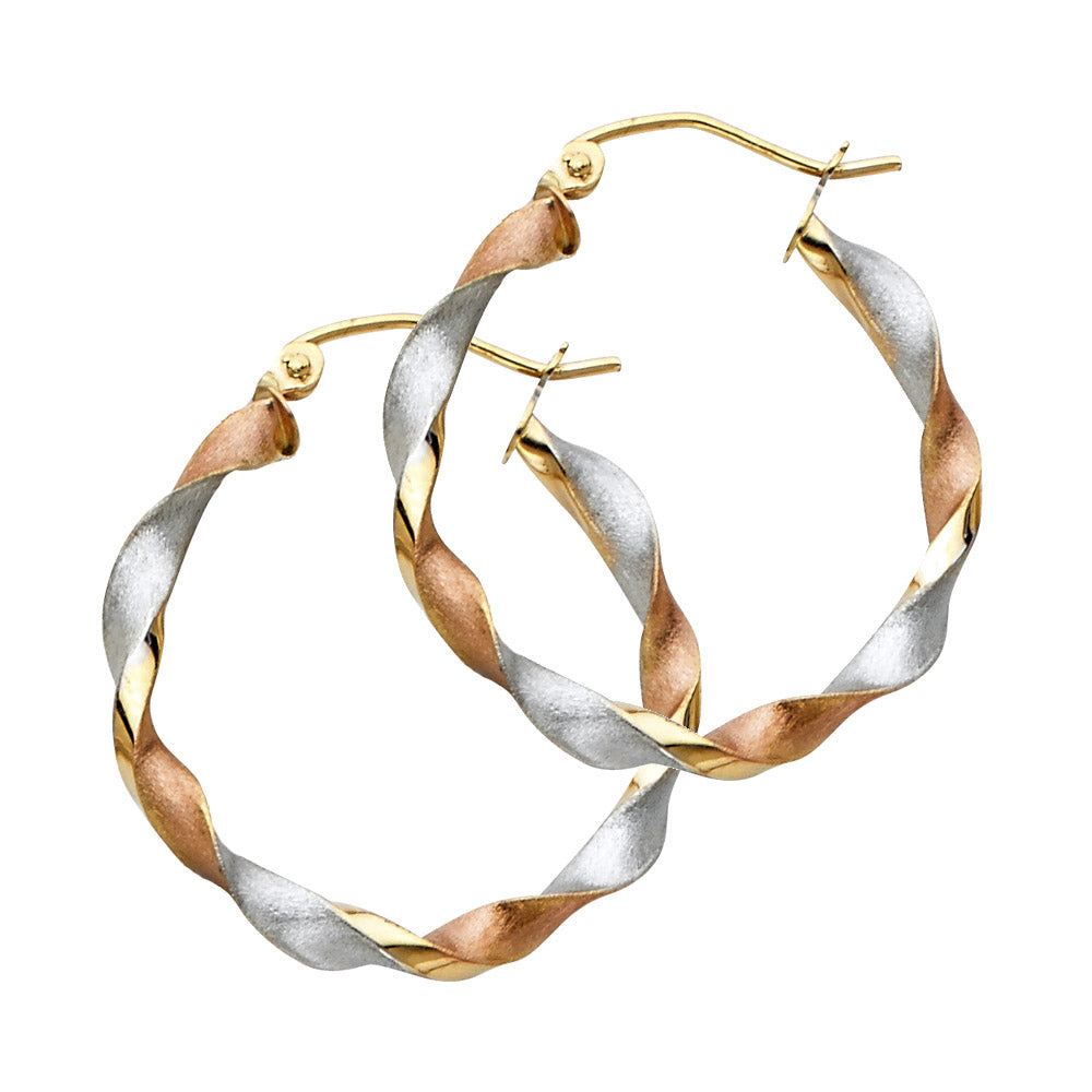 Aretes de aro trenzados de tres colores en oro macizo de 14 k