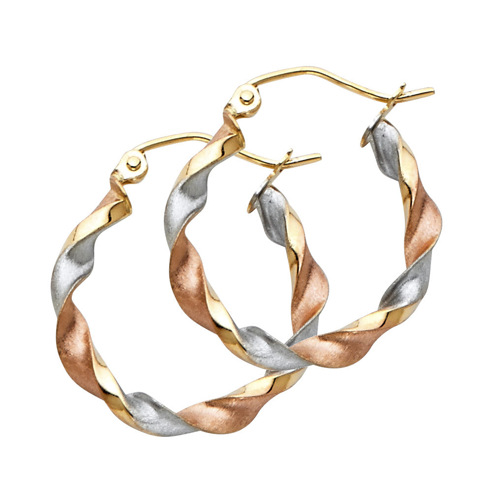 Aretes de aro trenzados de tres colores en oro macizo de 14 k