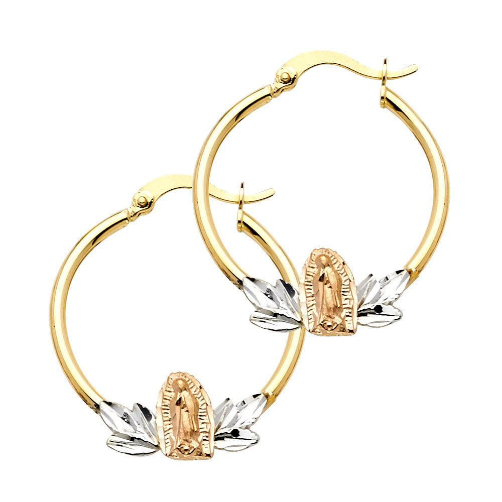 14k Solid Gold 3 Color Guadalupe Leaf Hoop Earrings