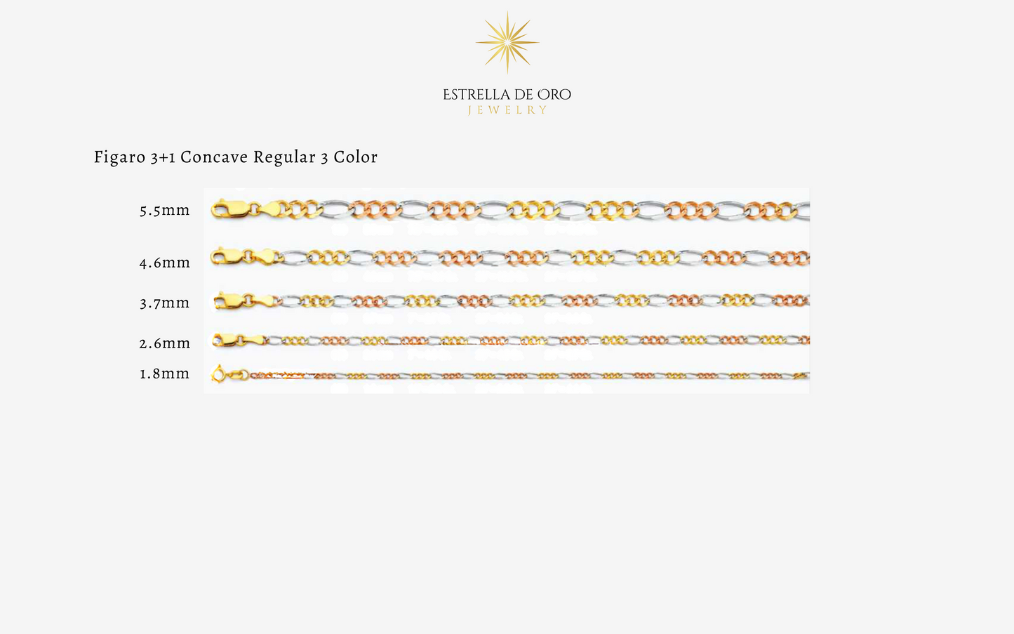 Cadena Figaro de oro macizo de 14 quilates en 3 colores, 4,6 mm