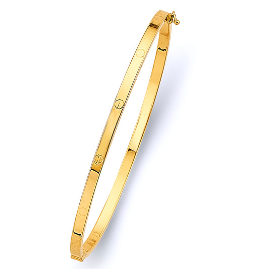 14K gold 3mm oval bangle, square screw design bracelet, hollow gold bangle for women, lightweight stacking gold bracelet, 14K yellow gold screw bangle
