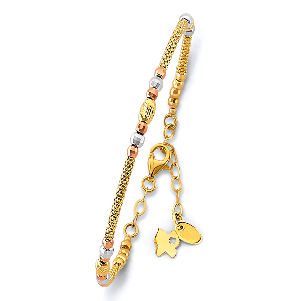 14K tri-color gold bangle, adjustable gold bracelet, oval gold bangle 7+1, textured bead gold bracelet, real gold multicolor bangle, elegant everyday gold bracelet, tri-tone 14K gold bangle