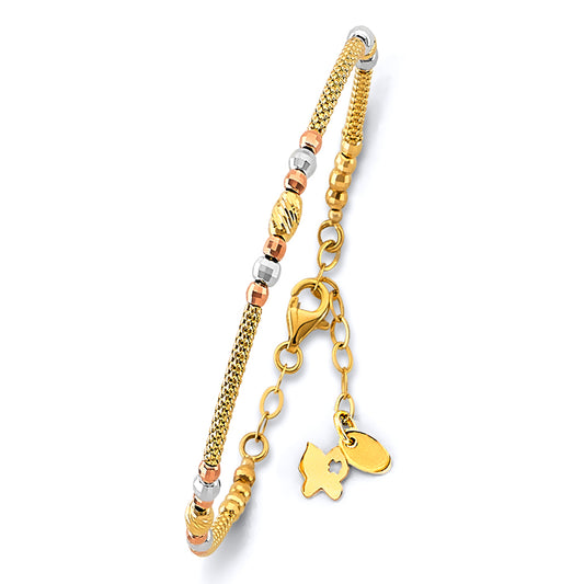 14K tri-color gold bangle, adjustable gold bracelet, oval gold bangle 7+1, textured bead gold bracelet, real gold multicolor bangle, elegant everyday gold bracelet, tri-tone 14K gold bangle