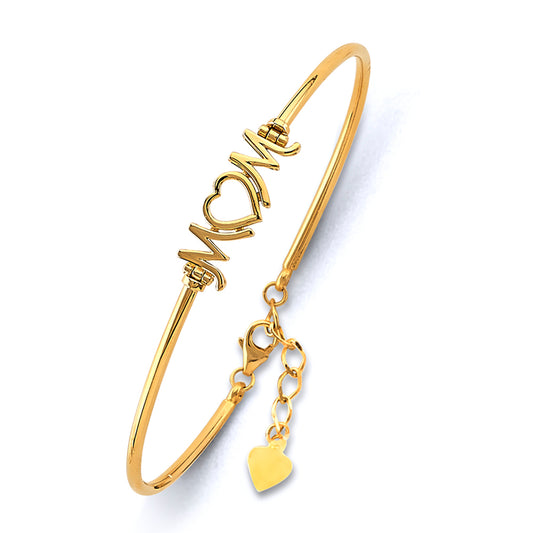 14K gold MOM bangle, gold mother bracelet, 14K gold heart bangle, adjustable MOM bracelet, 14K gold Mother’s Day gift, real gold bracelet for mom, yellow gold mom jewelry, dainty gold mom bangle