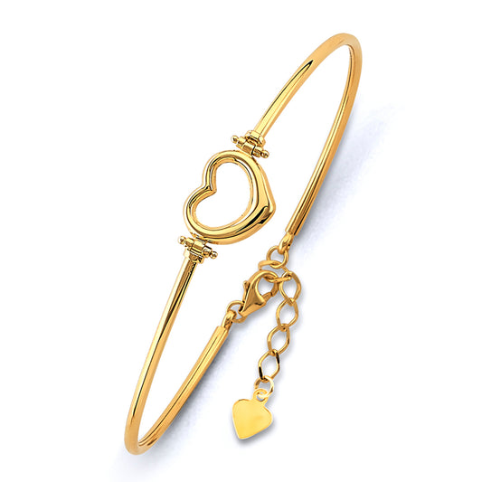 14K gold heart bangle, adjustable gold bangle, 14K yellow gold bracelet, heart charm bracelet, romantic gold jewelry, dainty gold bangle