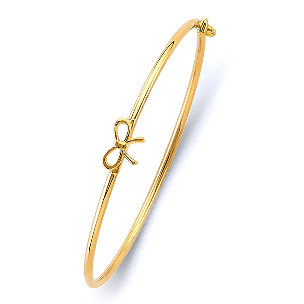 14K yellow gold baby bangle with bow design, flexible 4-inch round bracelet, perfect baptism or birthday gift