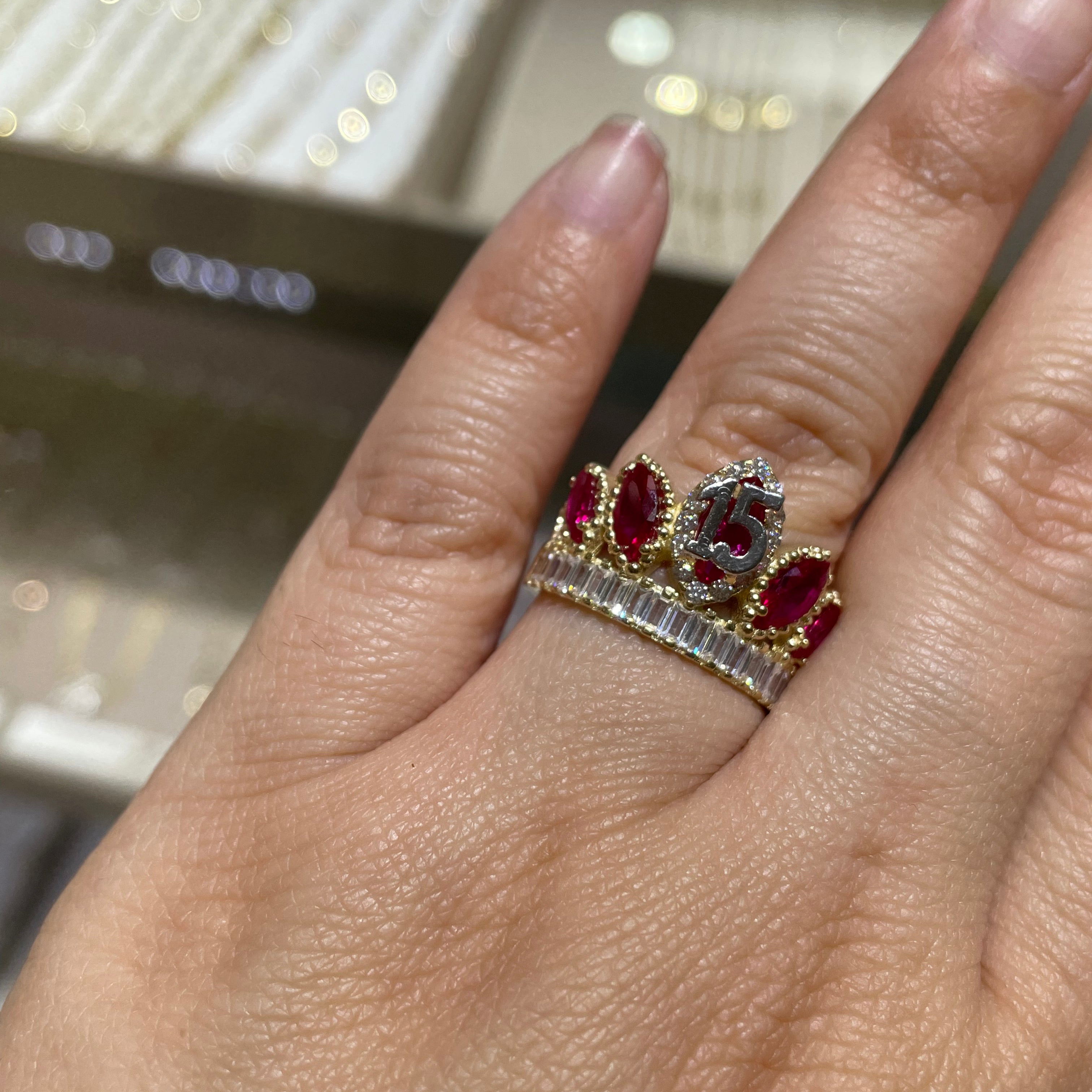 14k gold 15 años Red crown cz quinceanera ring