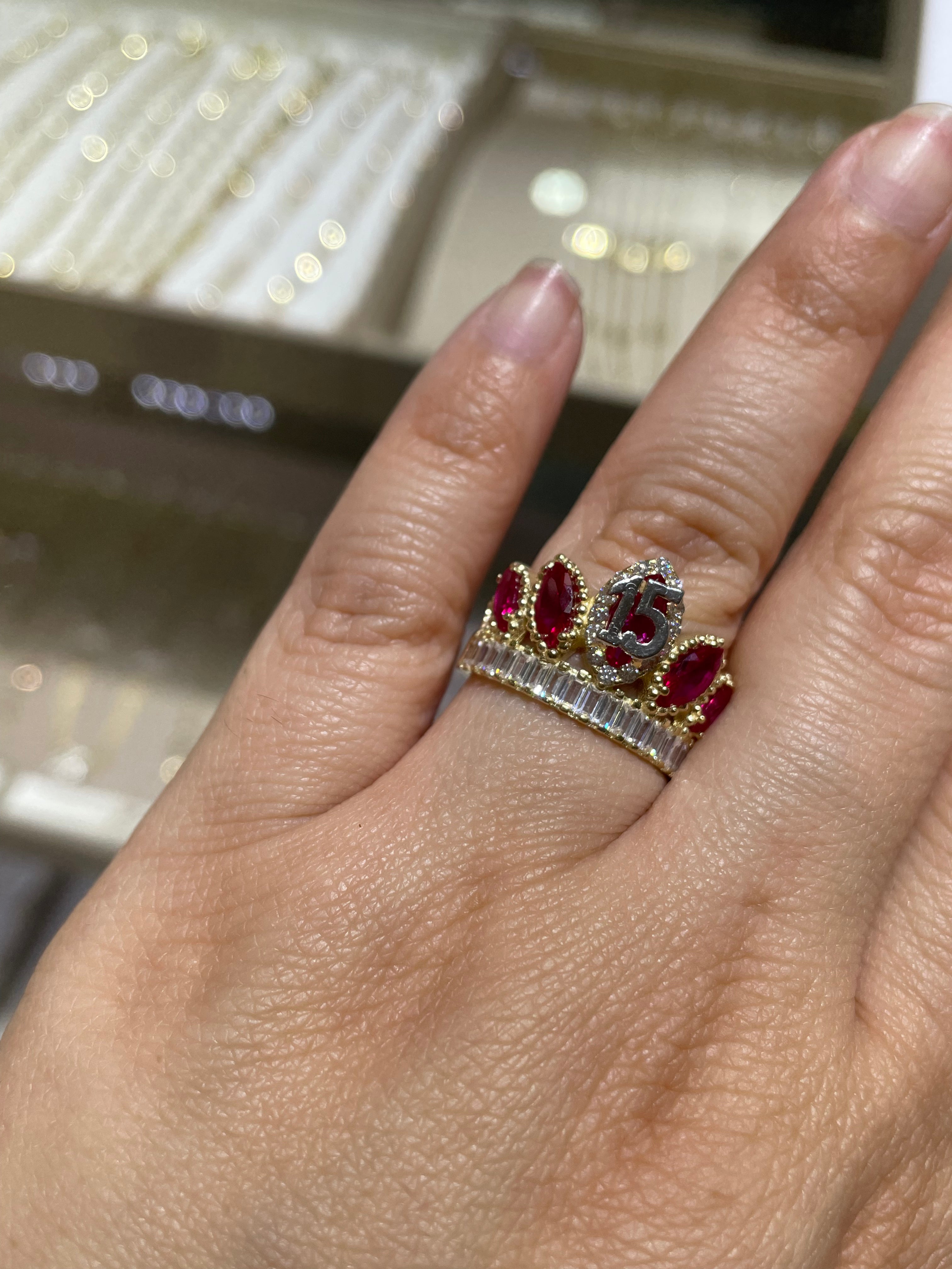 14k gold 15 años Red crown cz quinceanera ring
