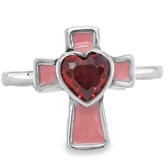 Red Jewel Cross Ring - 925 Silver