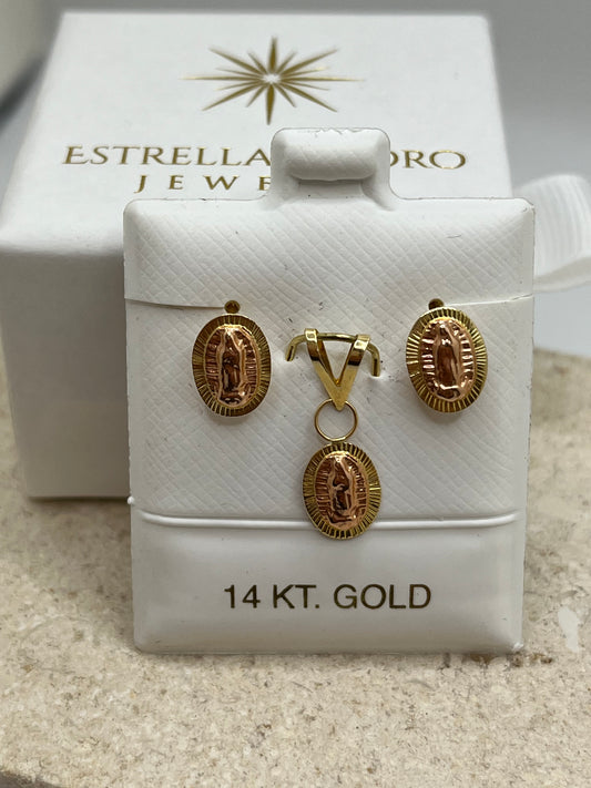 14K Gold Virgencita Earrings and Pendant Set