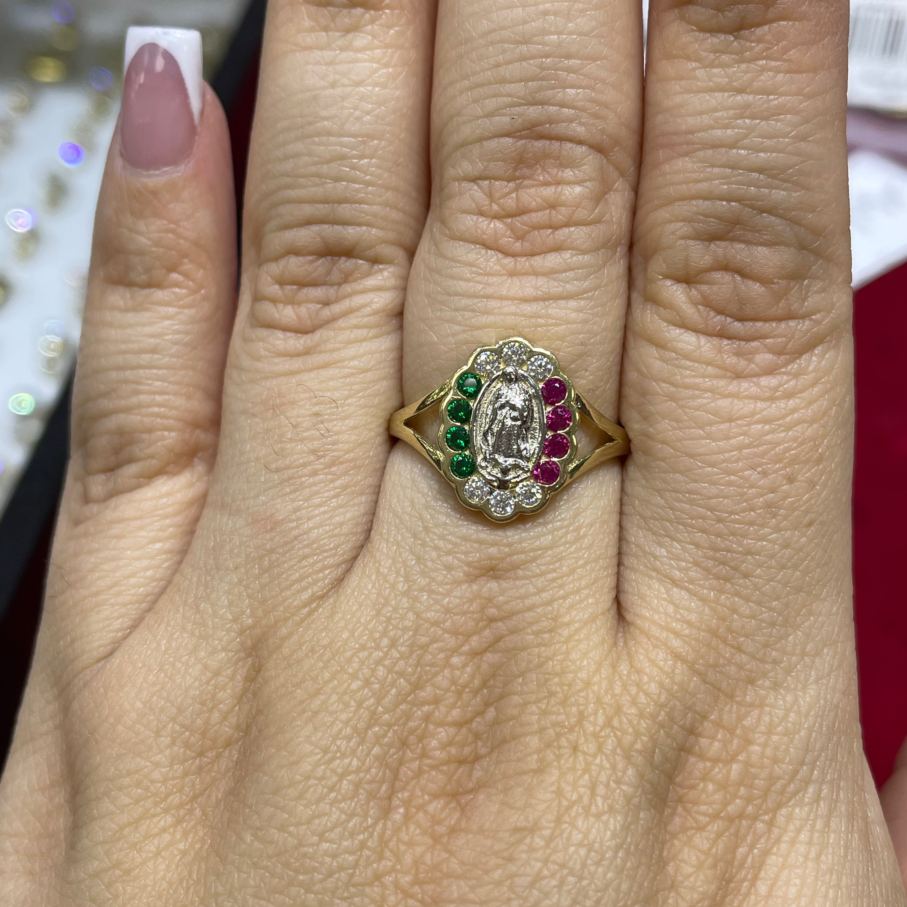 14K Yellow Gold Guadalupe CZ Ring – Our Lady of Guadalupe Faith Ring with Red, White & Green CZ Stones, Real 14K Gold Religious Jewelry