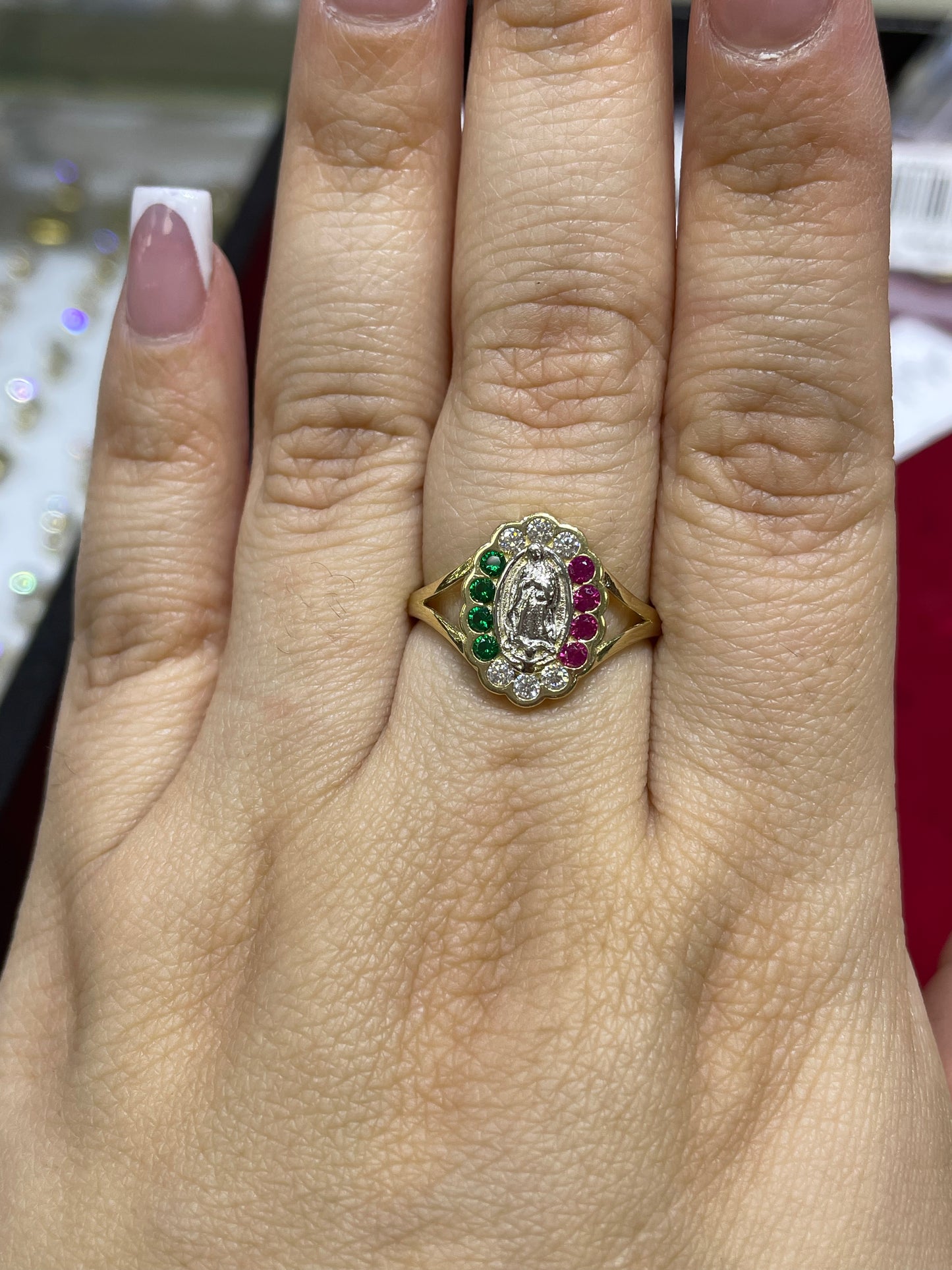 14K Yellow Gold Guadalupe CZ Ring – Our Lady of Guadalupe Faith Ring with Red, White & Green CZ Stones, Real 14K Gold Religious Jewelry