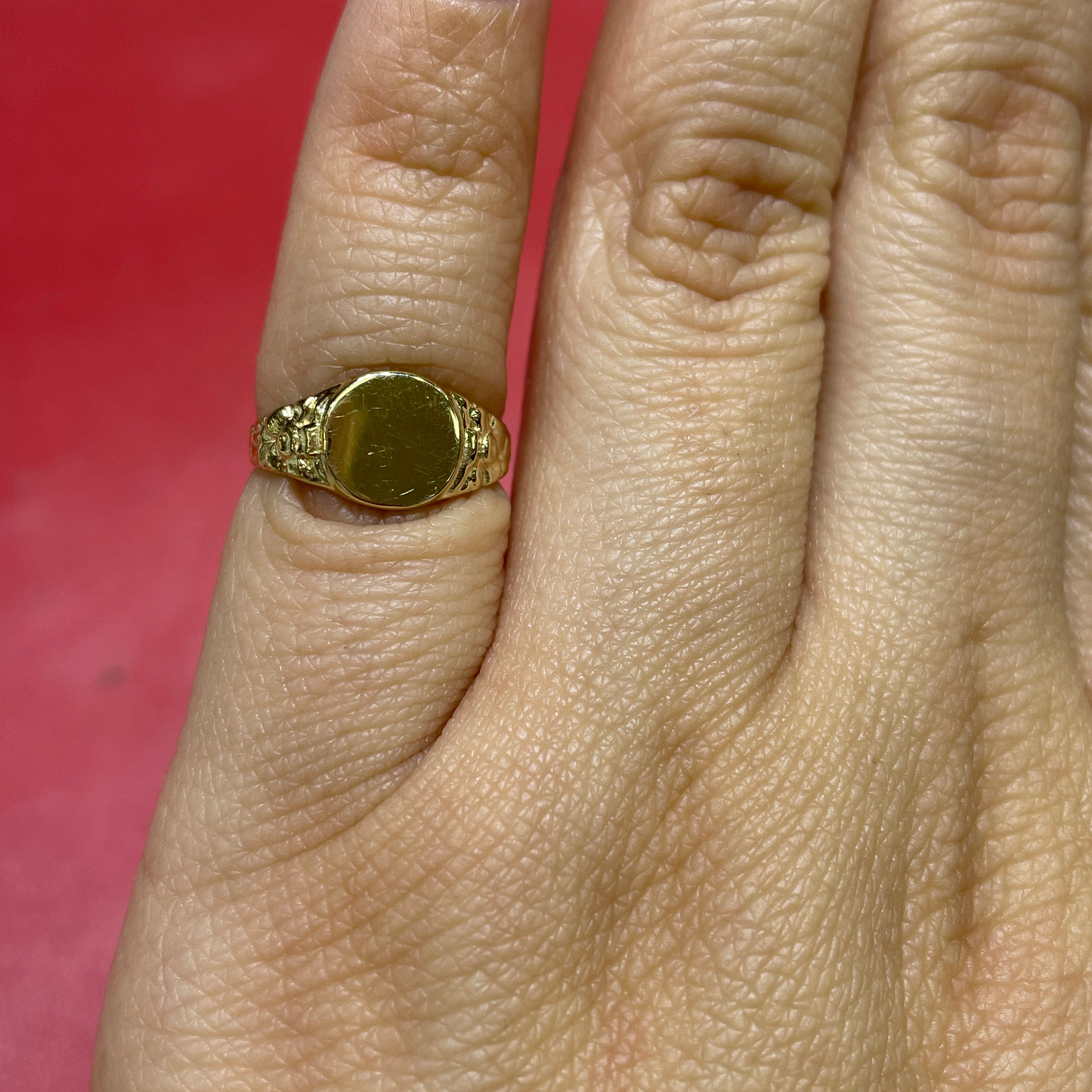14K Gold Round Signet Baby Ring with Floral Detail or Women's Pinky Ring