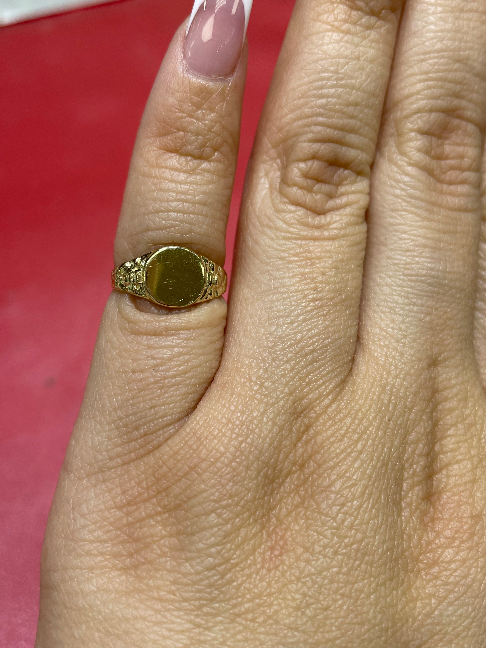 14K Gold Round Signet Baby Ring with Floral Detail or Women's Pinky Ring