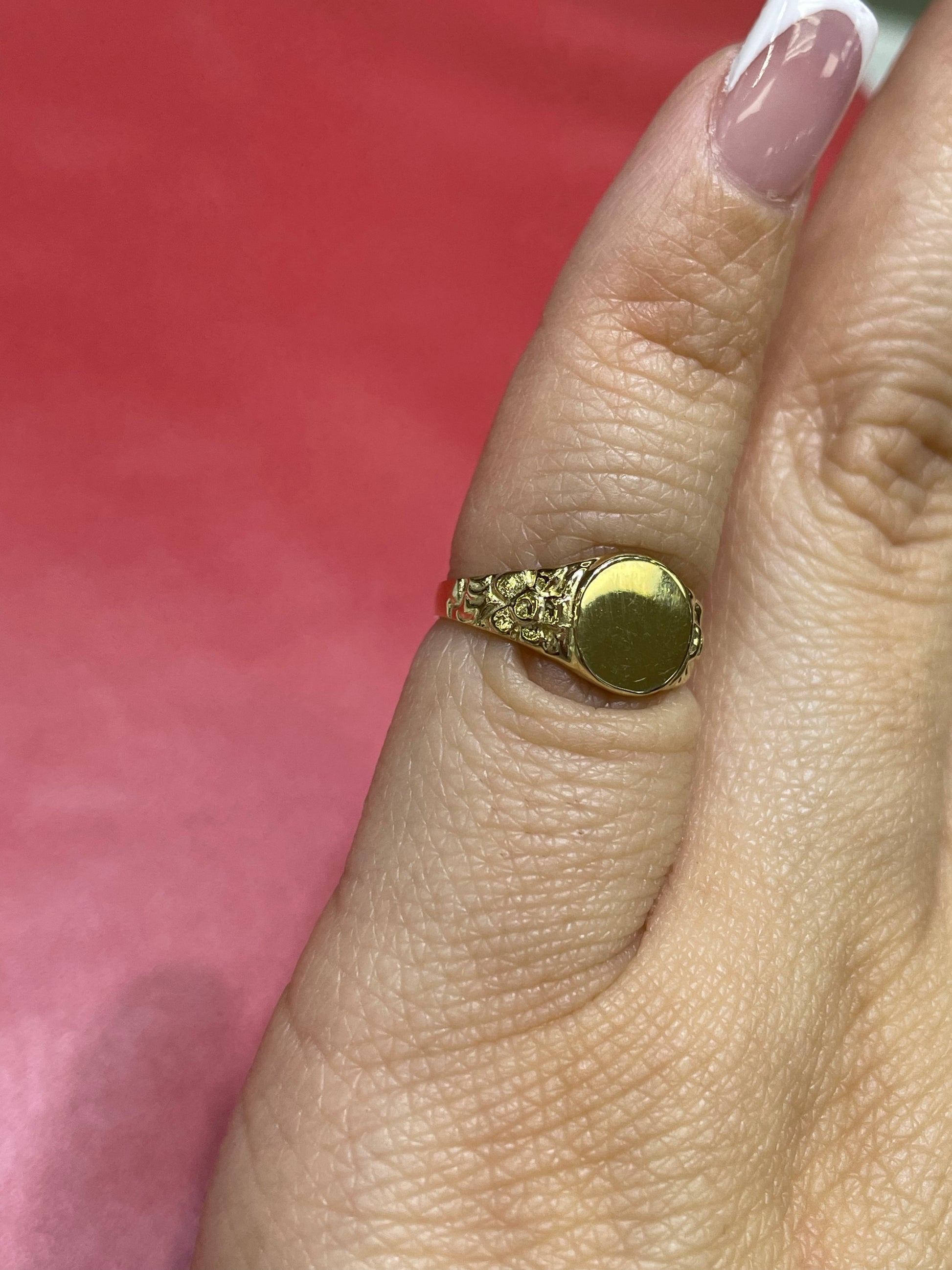 14K Gold Round Signet Baby Ring with Floral Detail or Women's Pinky Ring