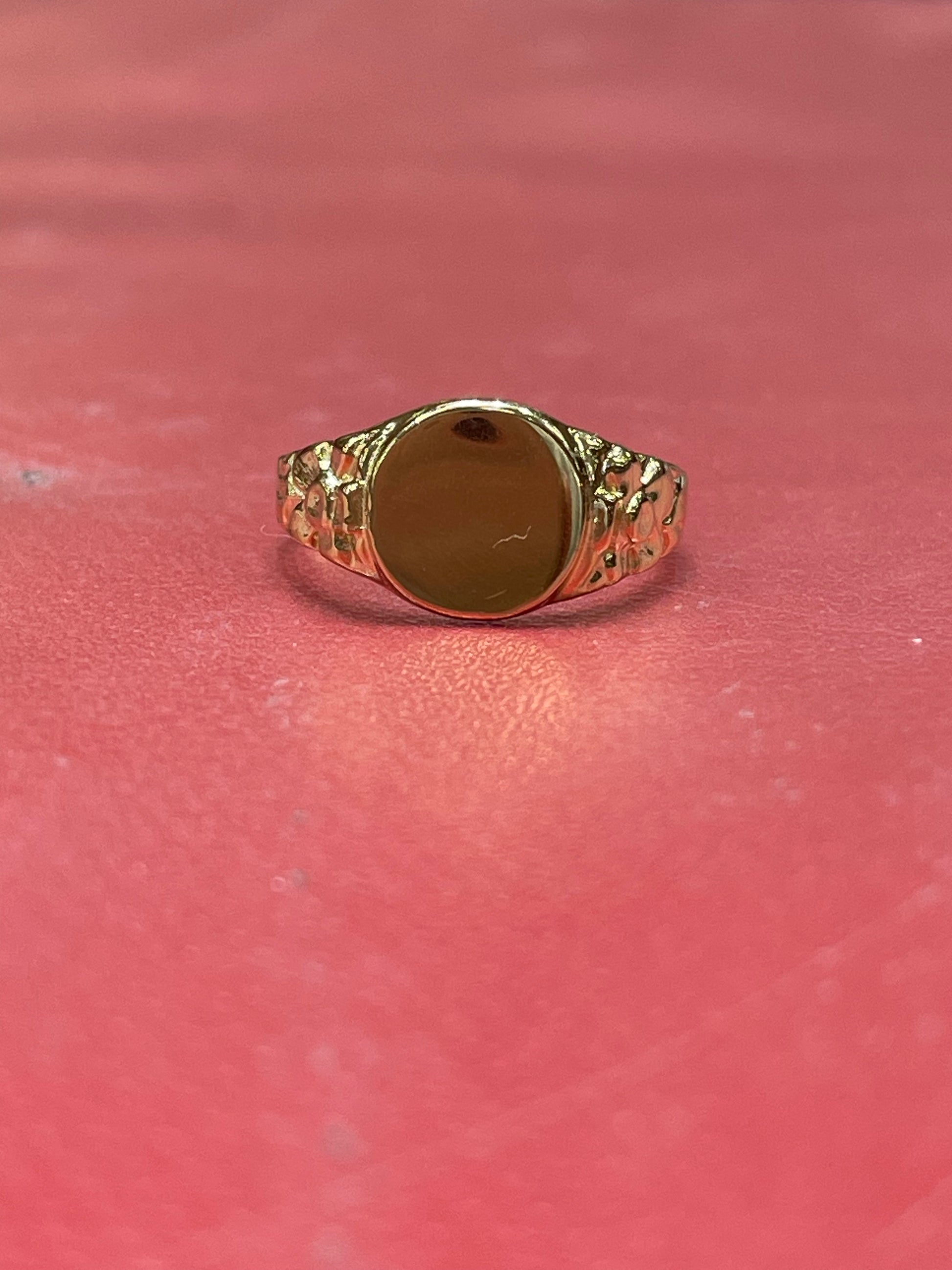 14K Gold Round Signet Baby Ring with Floral Detail or Women's Pinky Ring
