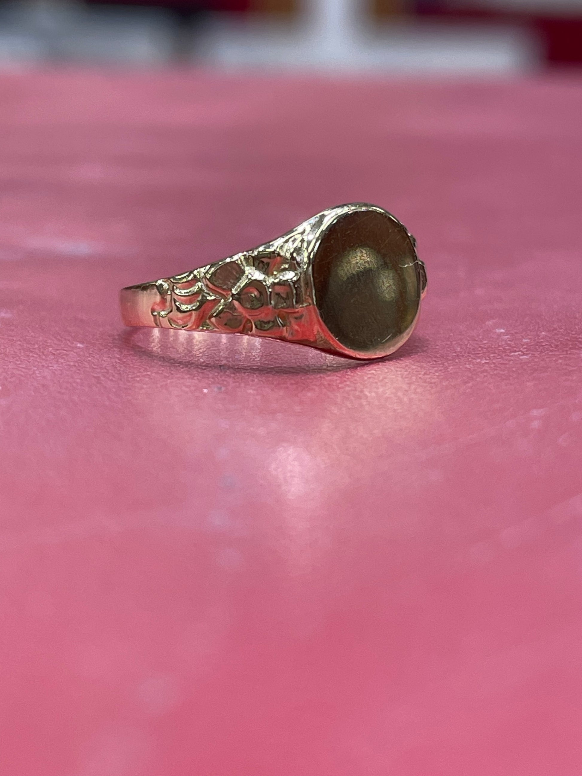 14K Gold Round Signet Baby Ring with Floral Detail or Women's Pinky Ring