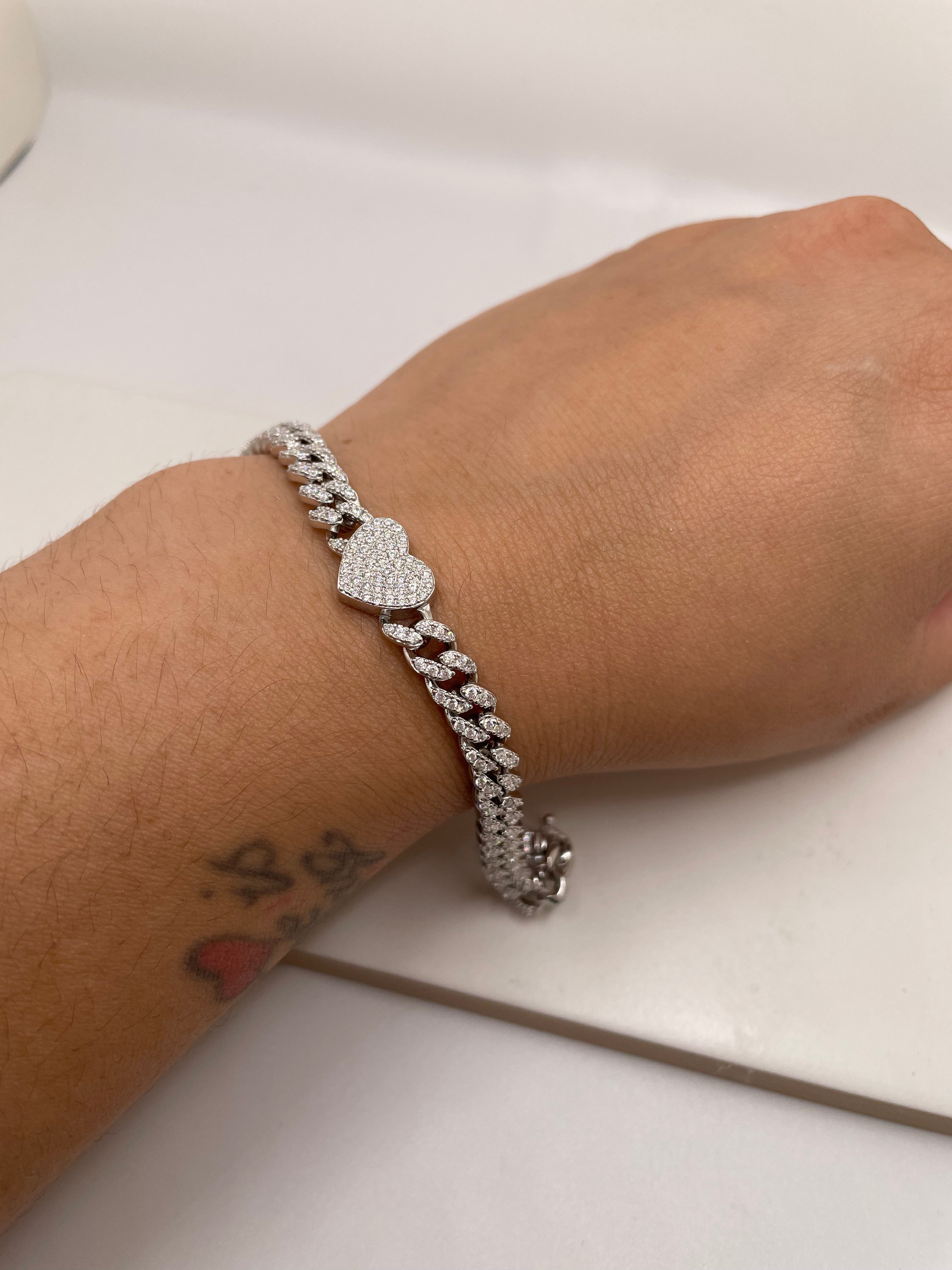 cuban chain bracelet with heart and pave cubic zirconia - 925 silver