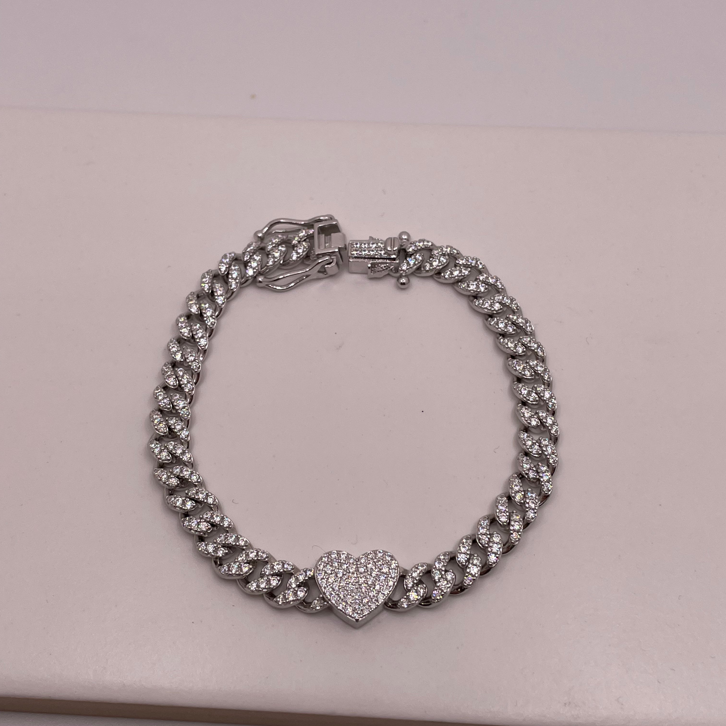 cuban chain bracelet with heart and pave cubic zirconia - 925 silver