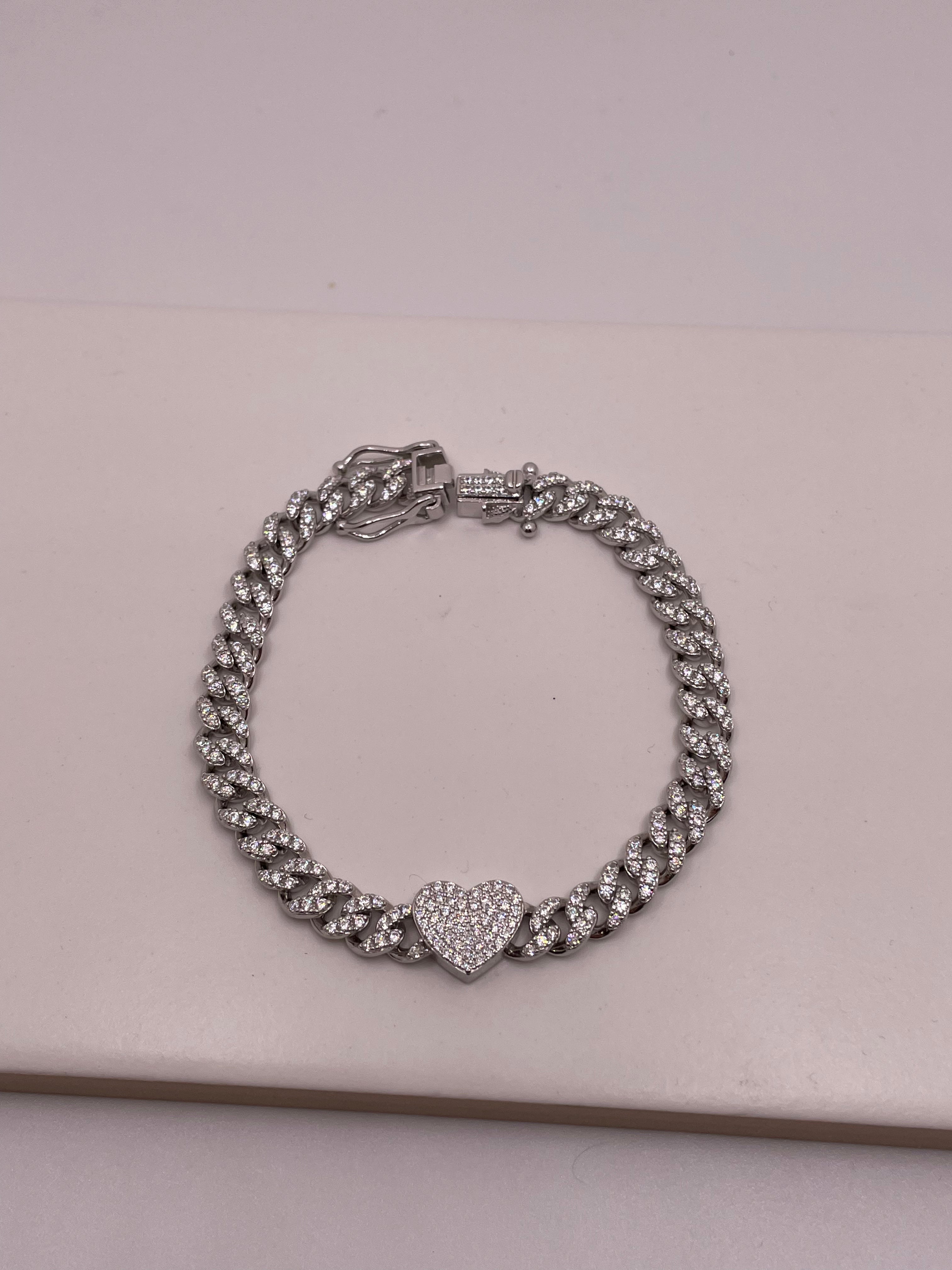 cuban chain bracelet with heart and pave cubic zirconia - 925 silver