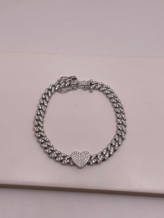 Cuban Chain Bracelet with Heart and Pave Cubic Zirconia - 925 Silver