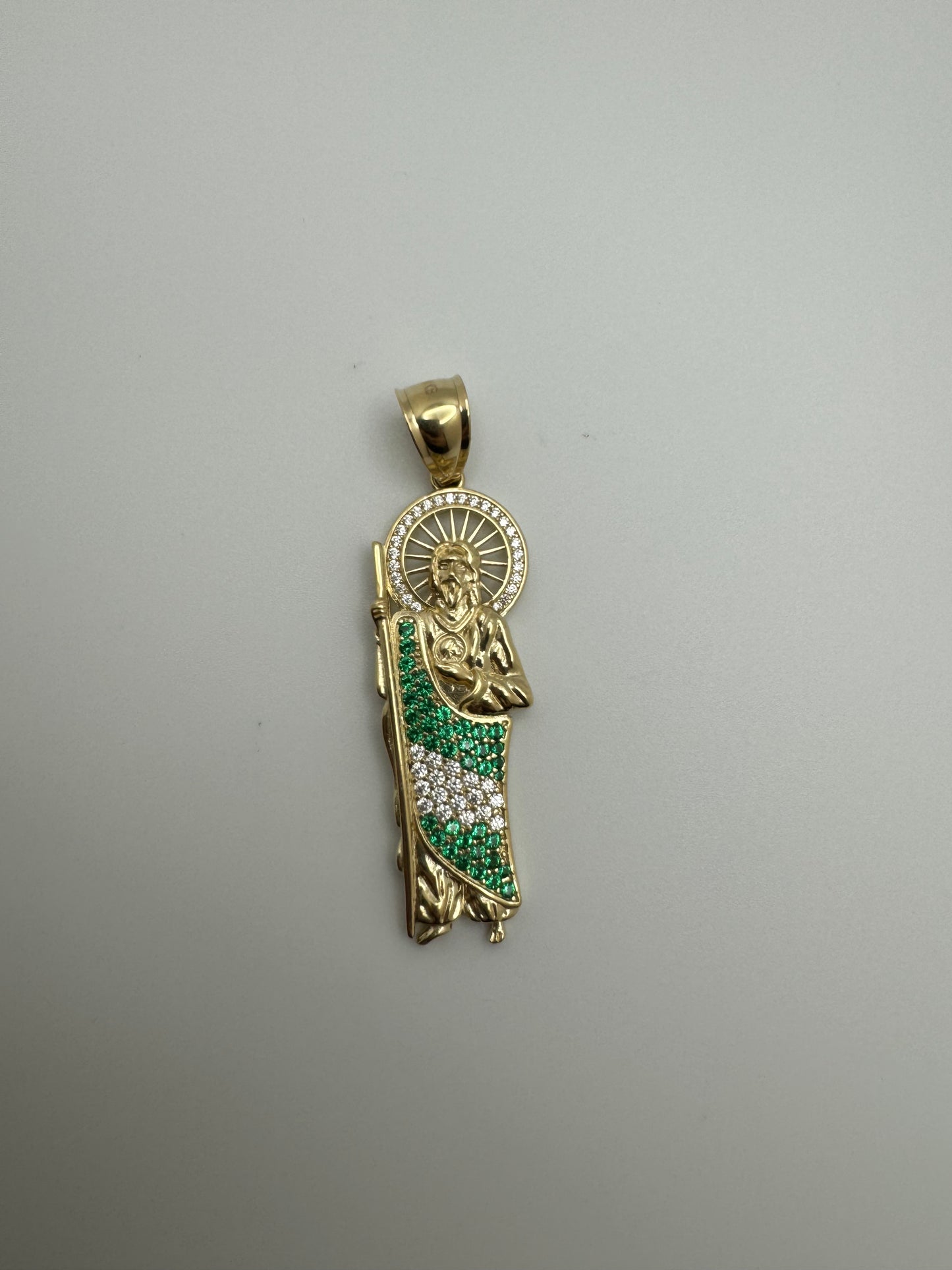 14k yellow gold san judas pendant with cz halo and green & white cz details(je01)