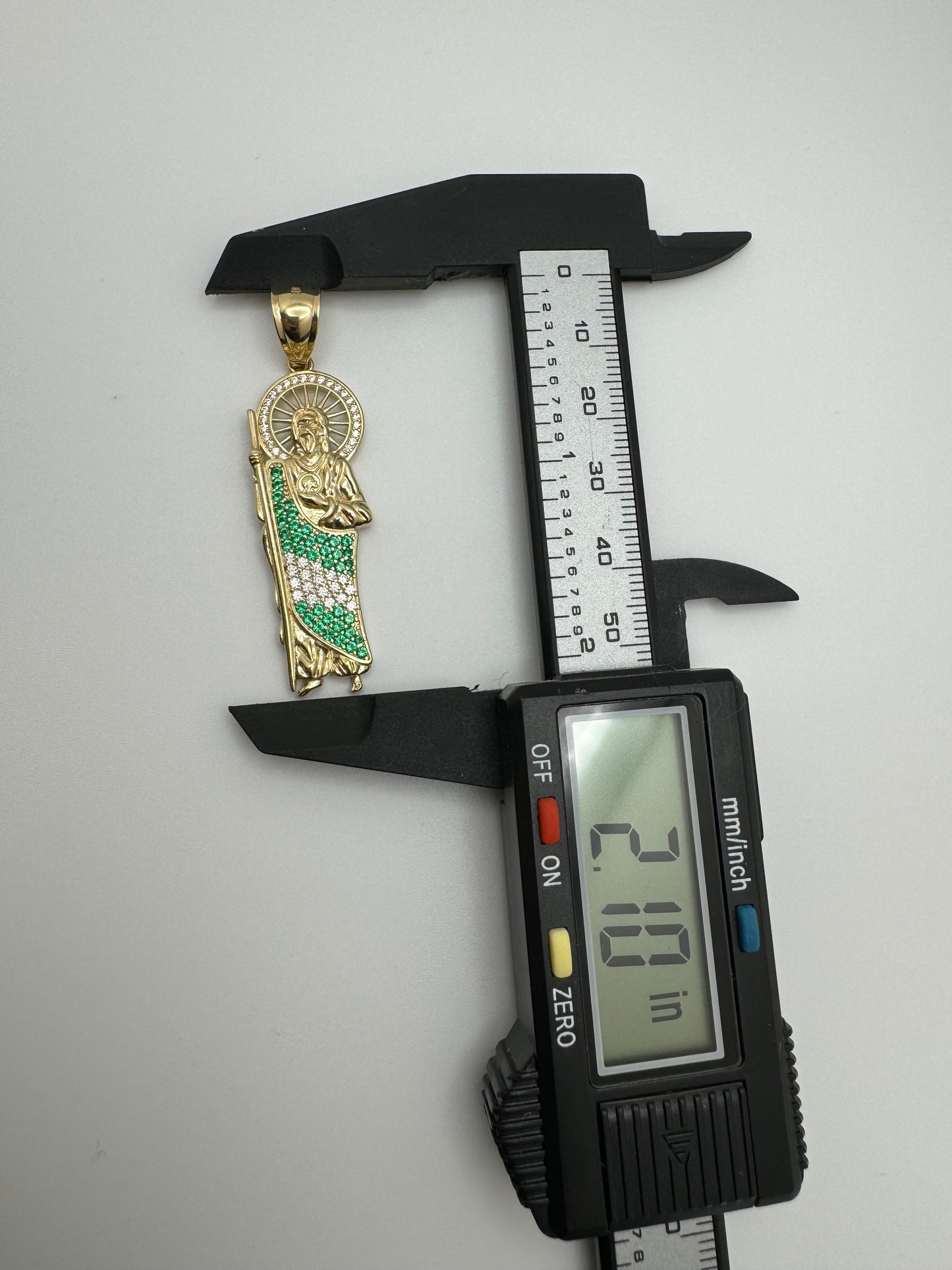 14k yellow gold san judas pendant with cz halo and green & white cz details(je01)