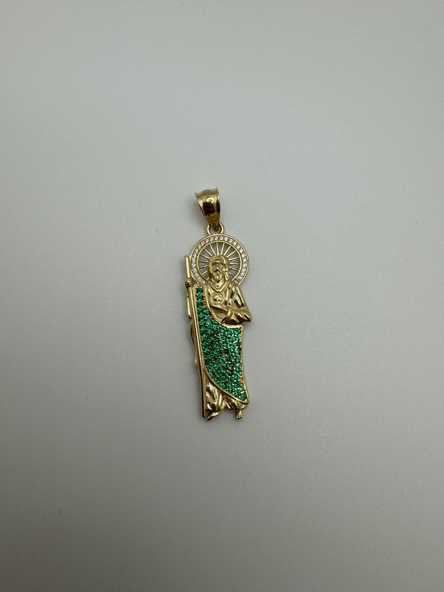 14K Yellow Gold San Judas Pendant with CZ Halo and Green CZ Body(JE02)