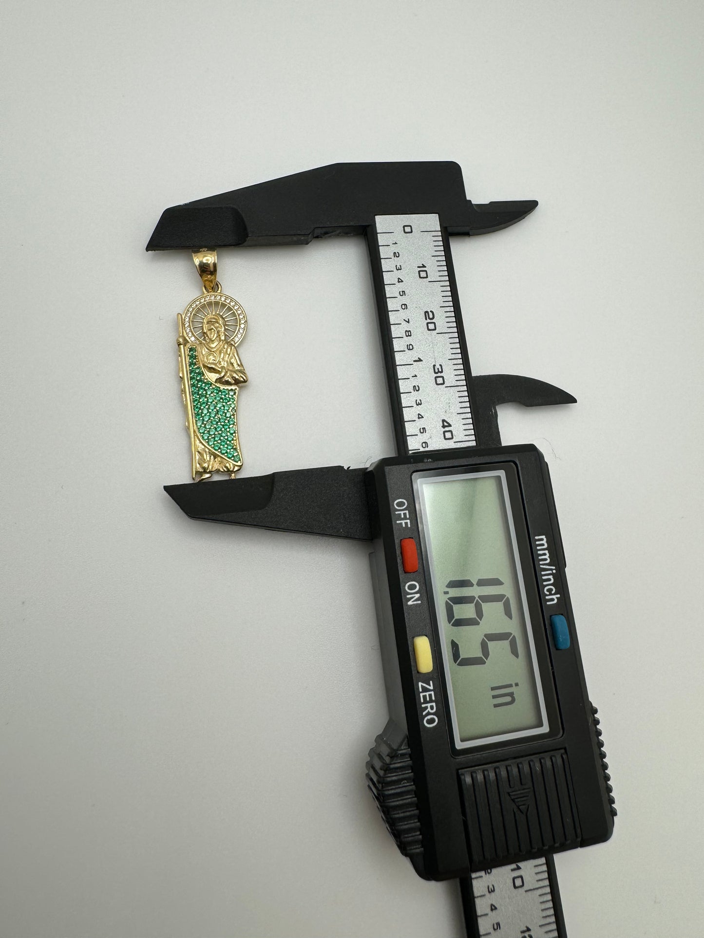 14K Yellow Gold San Judas Pendant with CZ Halo and Green CZ Body(JE02)