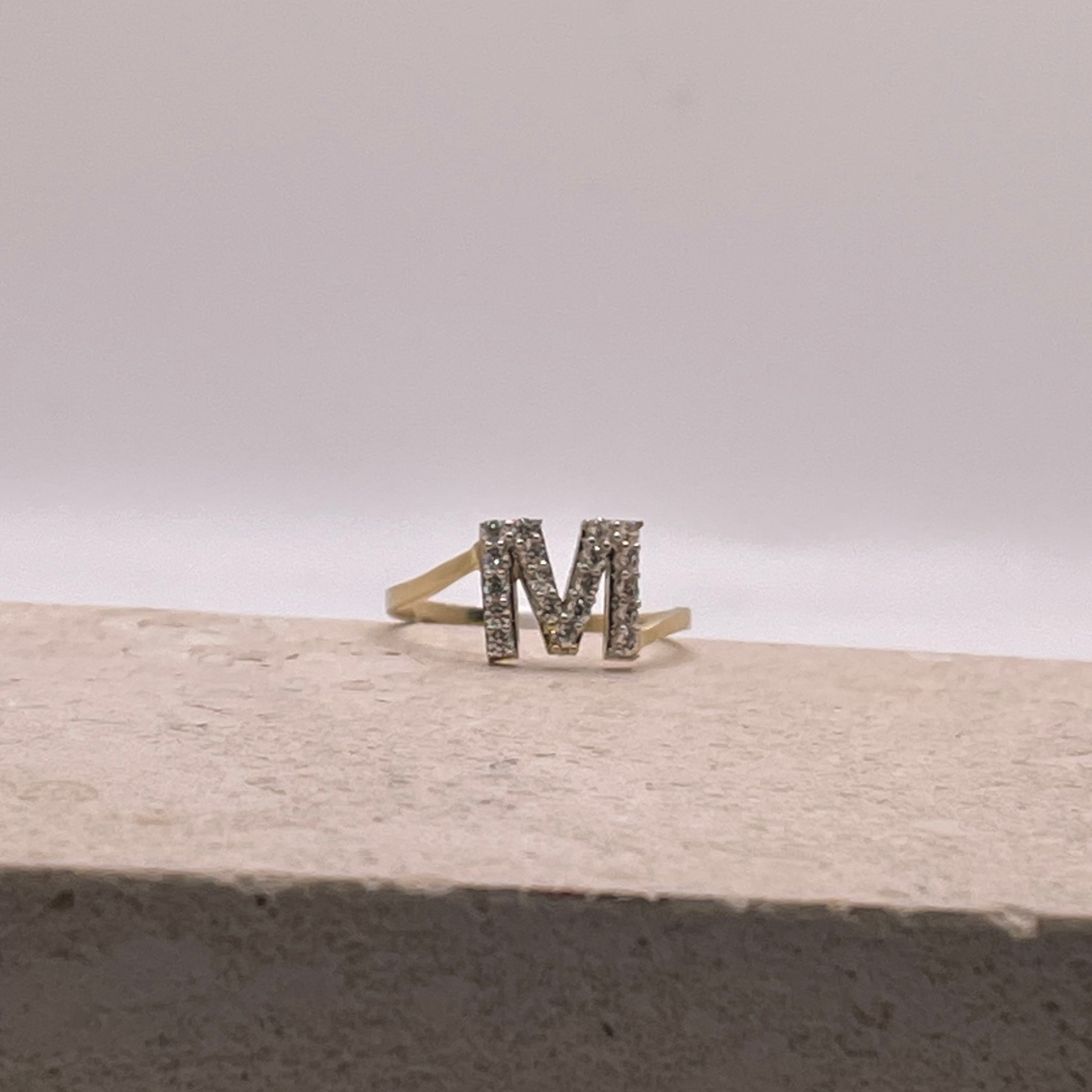 14k gold two tone cz initial ring