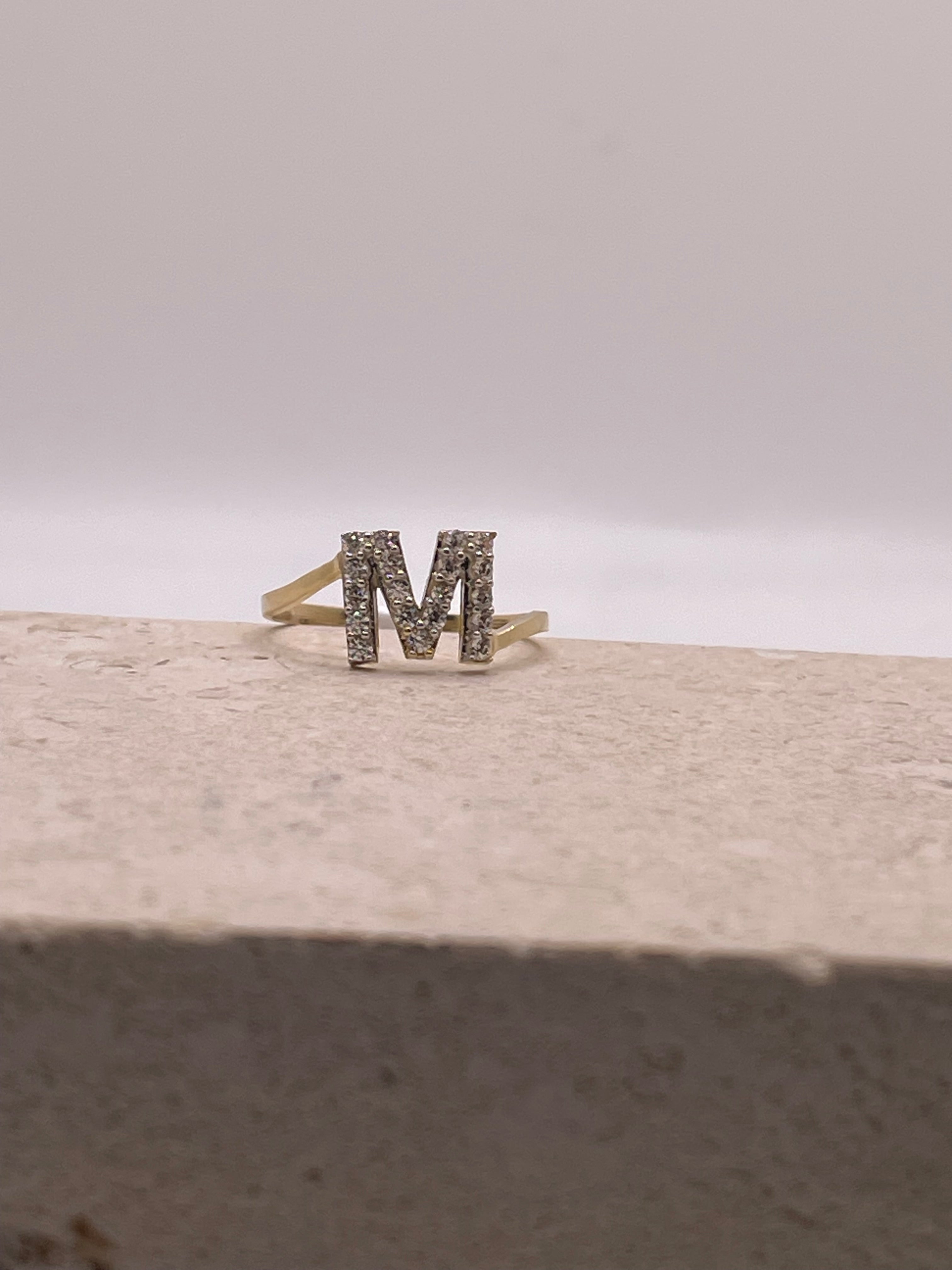 14k gold two tone cz initial ring
