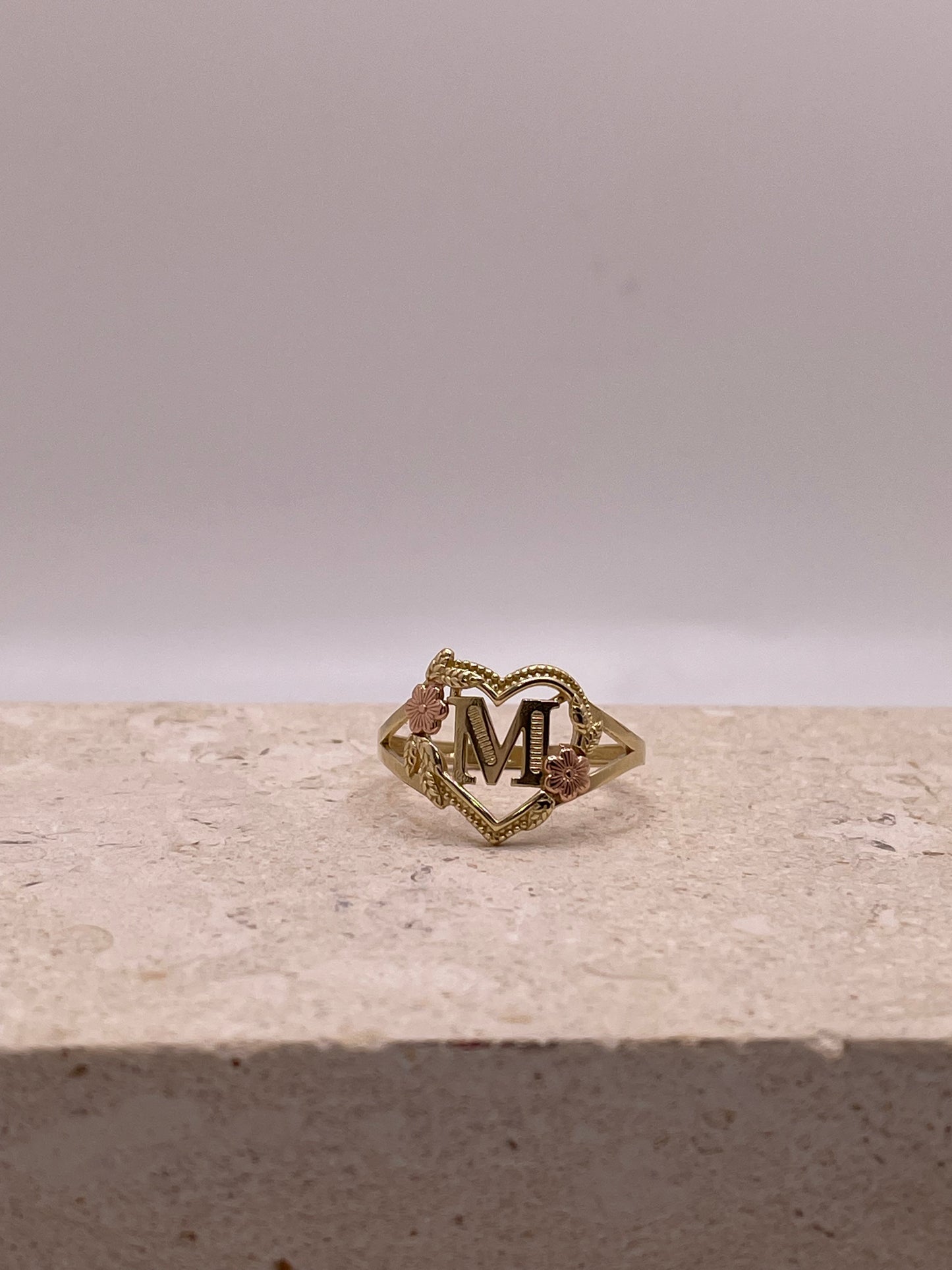 14k gold heart initial ring a-z